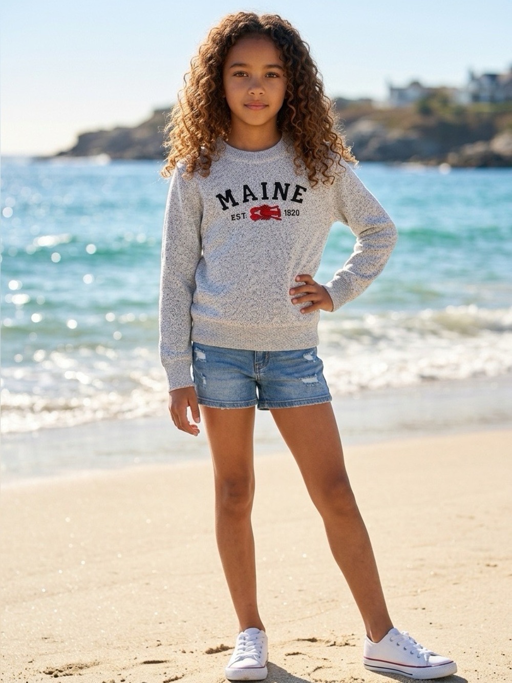 Kids Maine Crewneck Sweatshirt in Light Gray with Red Lobster - M